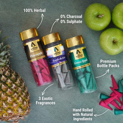 The Aroma Factory Organic Incense Dhoop Cones (Pineapple,  Fresh Active ,Green Apple) No Charcoal | Bambooless | 100% Herbal Fragrance | Assorted Dhoop, 3x 90g