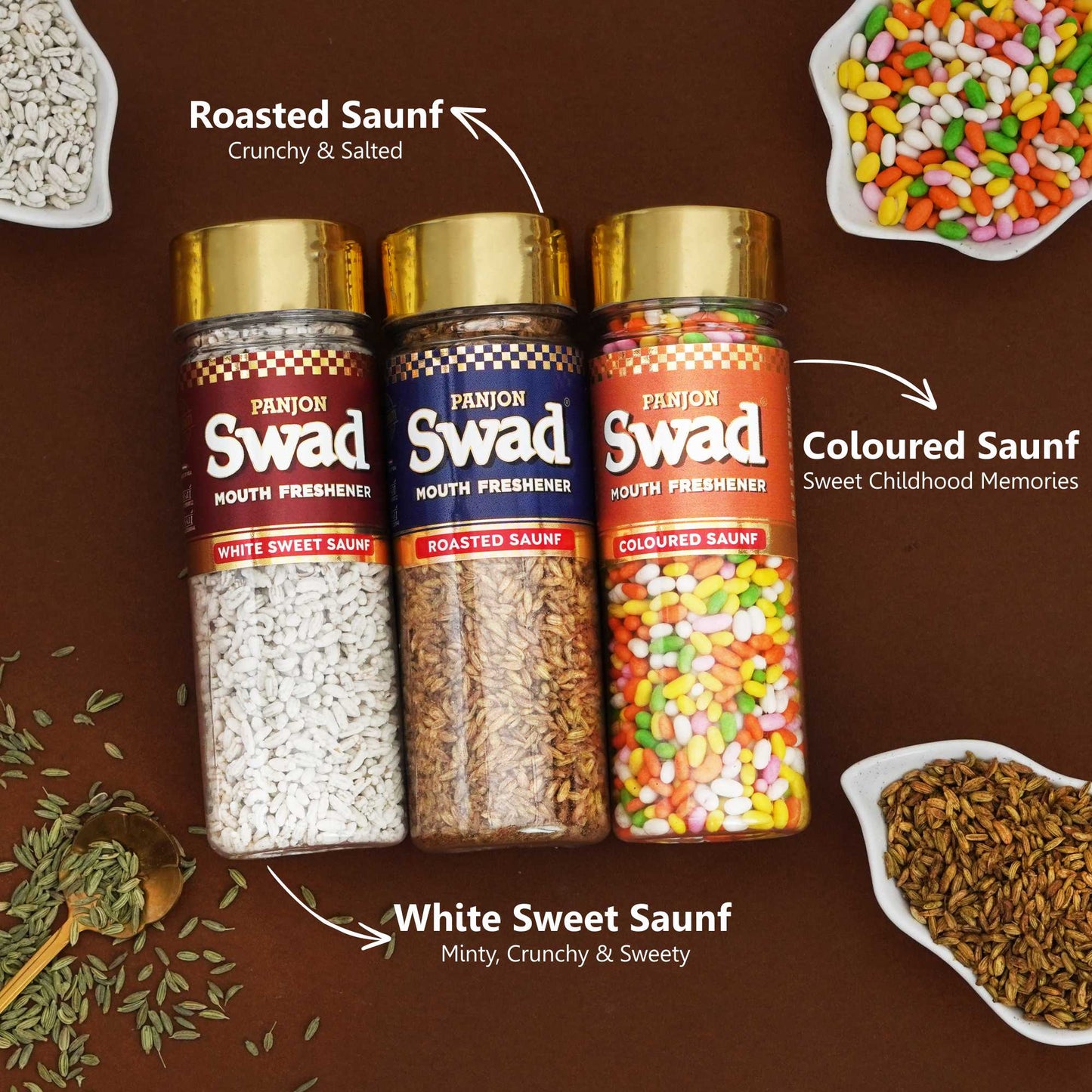 Panjon Swad Saunf Mukhwas Gift set (White Sweet Saunf, Roasted Saunf, Coloured Saunf ) 3 Bottles, 360 grams