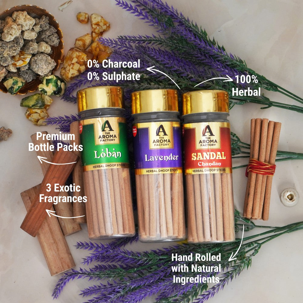 The Aroma Factory Organic Loban, Lavender & Sandal Chandan Dhoop Batti Sticks for Pooja with dhup Incense Holder Stand,Best for Long Lasting Fragrances (Pack of 3x100g)