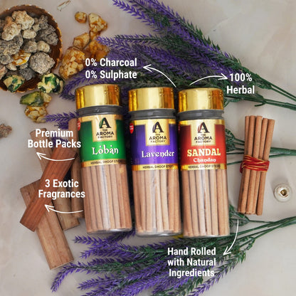 The Aroma Factory Organic Loban, Lavender & Sandal Chandan Dhoop Batti Sticks for Pooja with dhup Incense Holder Stand,Best for Long Lasting Fragrances (Pack of 3x100g)