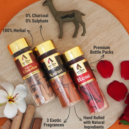 The Aroma Factory Organic Incense Dhoop Cones (Saffron Sandal,  Musk Kasturi , Rose,) No Charcoal | No Bamboo | 100% Herbal Fragrance | Assorted Pooja Dhoop, 3 x 90g