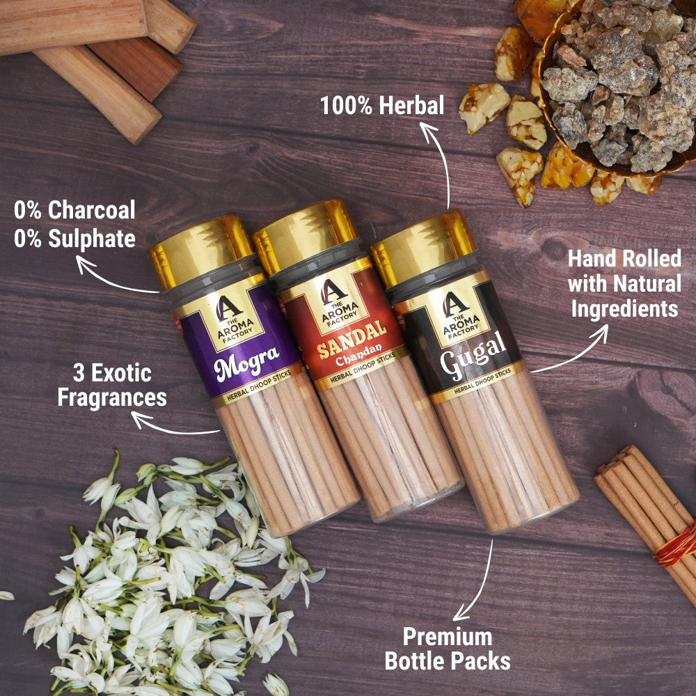 The Aroma Factory Organic  Mogra , Sandal & Gugal  Dhoop Batti Sticks for Pooja with dhup Incense Holder Stand,Best for Long Lasting Fragrances (Pack of 3x100g)