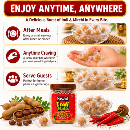Swad Mirchi Imli Balls Khatti Meethi Candy | Tangy & Spicy Tamarind Candy | Chatpata Imli Goli | Sweet & Sour Indian Candy | Tamarind Balls Jar Pack | 220g