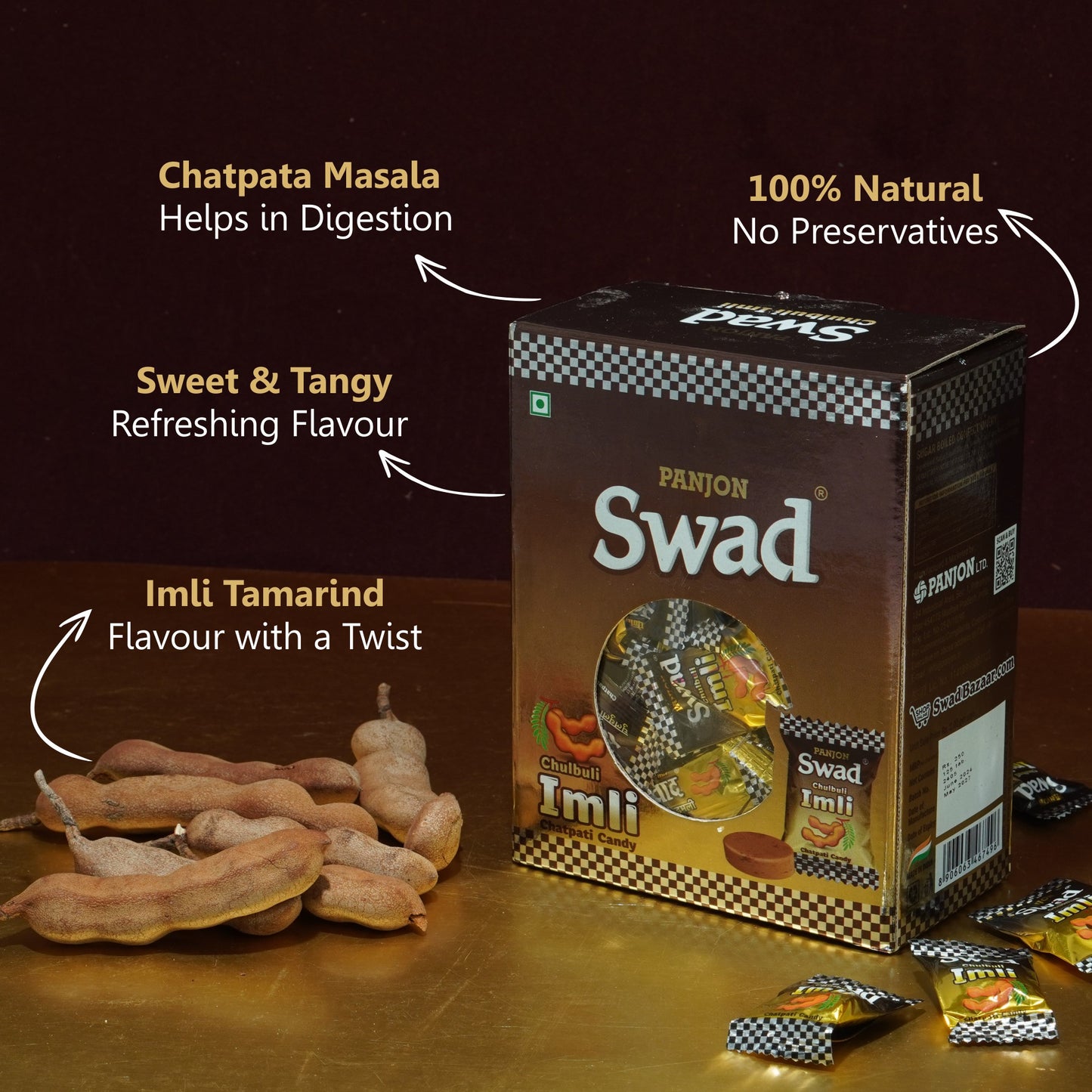 Swad Imli Candy Gift Box Pack (Tamarind Masala Flavour) Digestive Chocolate, 125 Toffee Gift Box