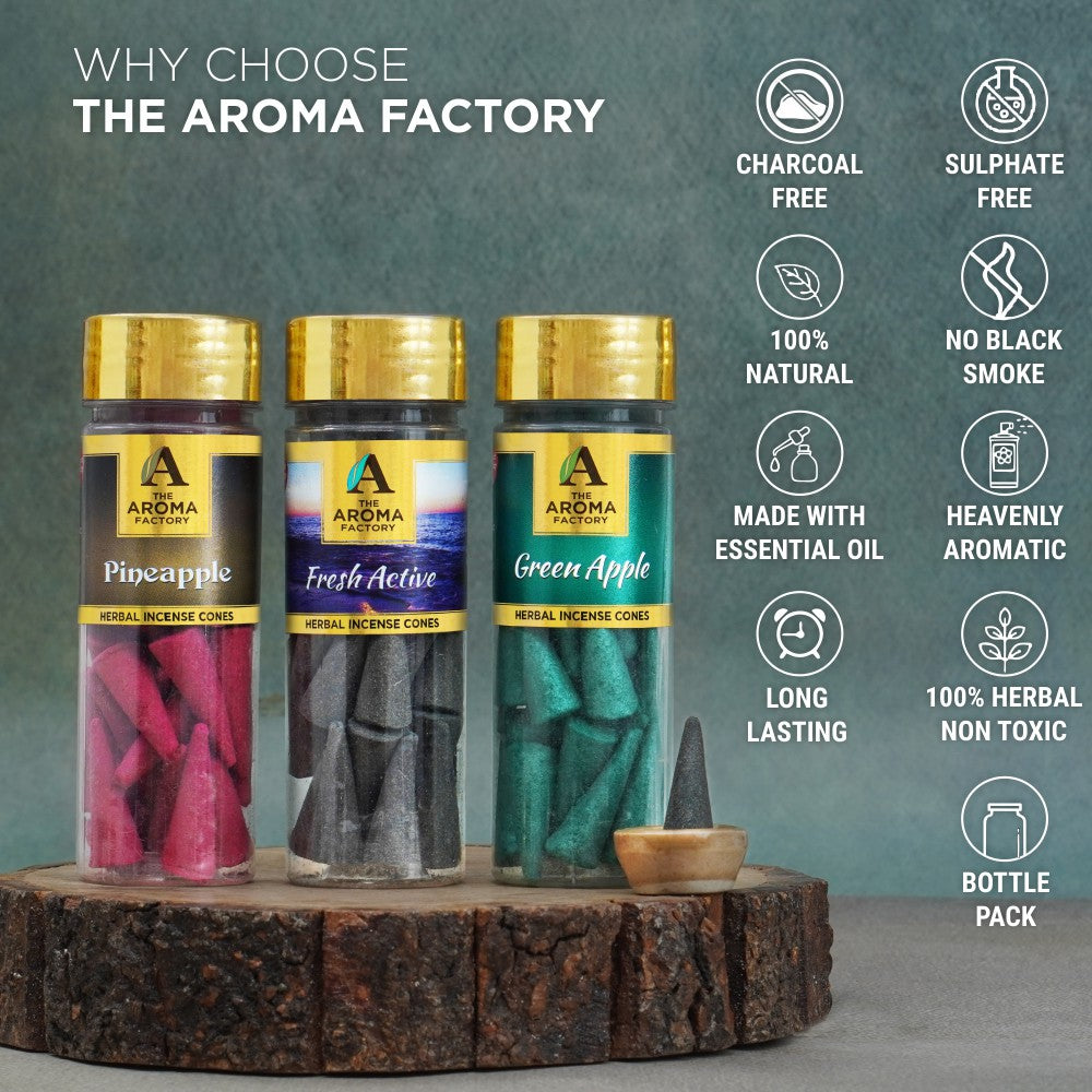 The Aroma Factory Incense Cone Set (Green Apple, Pineapple, Fresh Active, White Sage, Musk) Dhoop Cones, Pack of 5 x 30 Cones