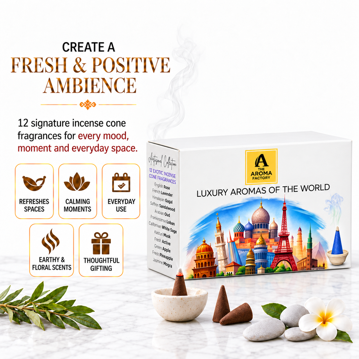 The Aroma Factory Combo Incense Dhoop Cone Gift Set with 12 Exotic Fragrances x 20 gm