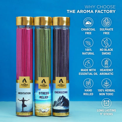 The Aroma Factory Organic Incense Sticks (Herbal Agarbatti for Smudging, Cleansing) 0% Charcoal, 0% Sulphur, 3 x 100g Bottle (Meditation, Stress Relief & Energizing)