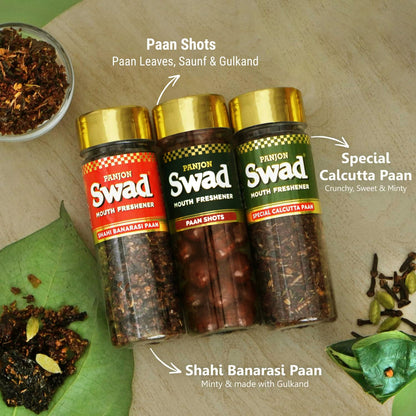 Panjon Swad Pan Mukhwas Combo (Banarasi, Shahi Meetha Paan, Calcutta Paan) Mouthfresheners, 3 bottles, 330g