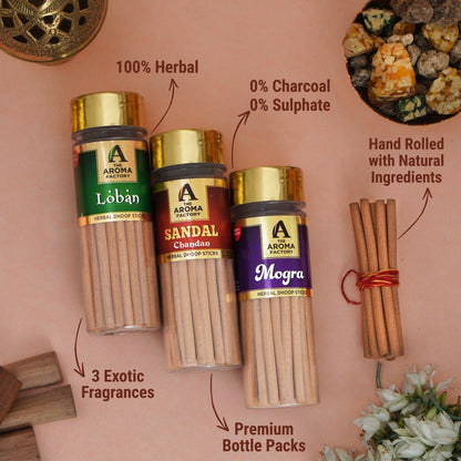 The Aroma Factory Organic Loban,Chandan Sandal & Mogra Dhoop Batti Sticks for Pooja with dhup Incense Holder Stand,Best for Long Lasting Fragrances (Pack of 3x100g)