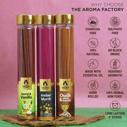The Aroma Factory Organic Incense Sticks (Herbal Agarbatti for Smudging, Cleansing) 0% Charcoal, 0% Sulphur, 3 x 100g Bottle (Santal & Vanilla, Amber Myrrh, Oudh & White Woods)