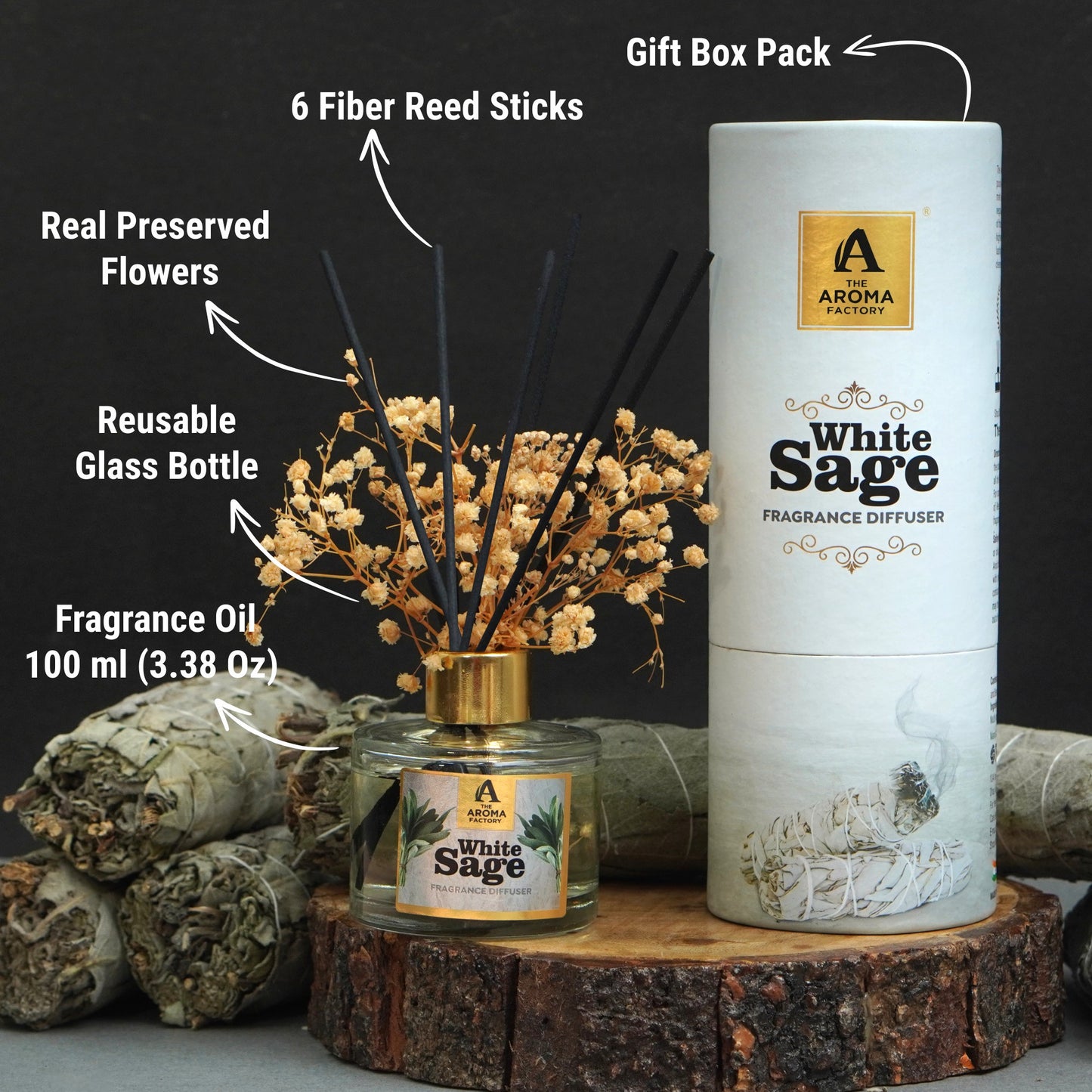 The Aroma Factory White Sage Aura, Complete Fragrance Collection of Agarbatti, Dhoop Batti, Dhoop Cone, Dry Leaves Bundle & Reed Diffuser, Combo of 5
