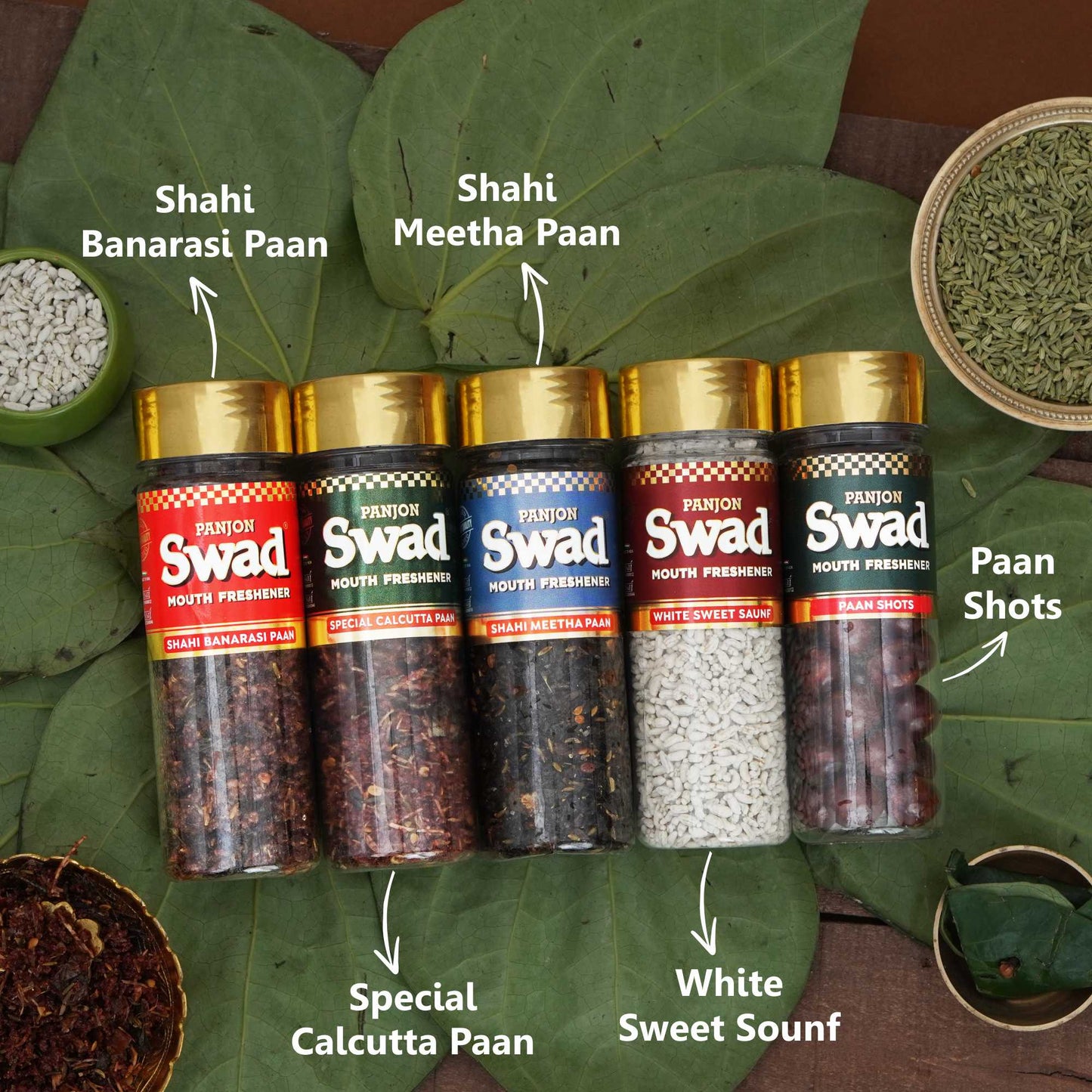 Panjon Swad Pan Mukhwas Combo (Banarasi, Calcutta, Shahi Meetha Paan, White Sweet Saunf, Paan Shots Mouthfreshener) 5 bottles, 790g