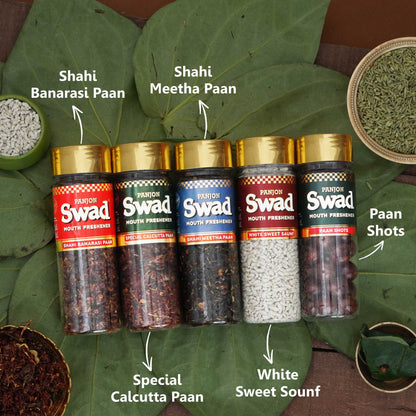 Panjon Swad Pan Mukhwas Combo (Banarasi, Calcutta, Shahi Meetha Paan, White Sweet Saunf, Paan Shots Mouthfreshener) 5 bottles, 790g