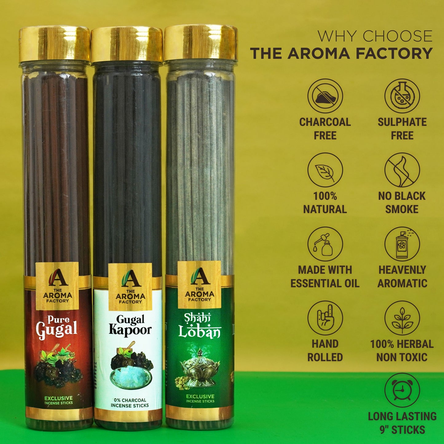 The Aroma Factory Gugal, Gugal Kapoor & Loban Agarbatti for Pooja,Luxury Incense Sticks,100% Herbal Fragrance Agarbathi, 0% Surphates (Bottle Pack of 3x100g)