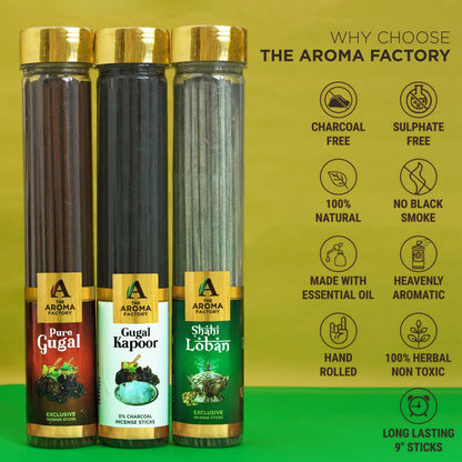 The Aroma Factory Gugal, Gugal Kapoor & Loban Agarbatti for Pooja,Luxury Incense Sticks,100% Herbal Fragrance Agarbathi, 0% Surphates (Bottle Pack of 3x100g)