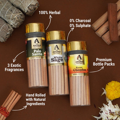 The Aroma Factory Dhoop batti, No Bamboo Herbal Dhoop Sticks with Incense Holder, 3 Bottle x 100g ( Palo Santo, White Sage &  Kesar Chandan )