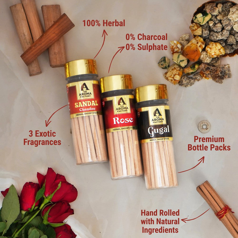 The Aroma Factory Organic Chandan,Rose,Gugal Dhoop Batti Sticks for Pooja with dhup Incense Holder Stand,Best for Long Lasting Fragrances (Pack of 3x100g)