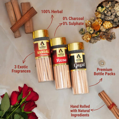 The Aroma Factory Organic Chandan,Rose,Gugal Dhoop Batti Sticks for Pooja with dhup Incense Holder Stand,Best for Long Lasting Fragrances (Pack of 3x100g)