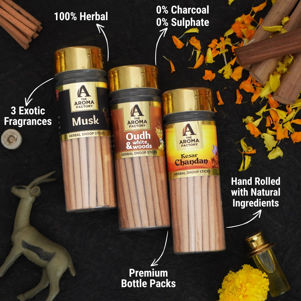 The Aroma Factory Dhoop batti, No Bamboo Herbal Dhoop Sticks with Incense Holder, 3 Bottle x 100 g (Kasturi Musk, Oudh & White Woods & Kesar Chandan)