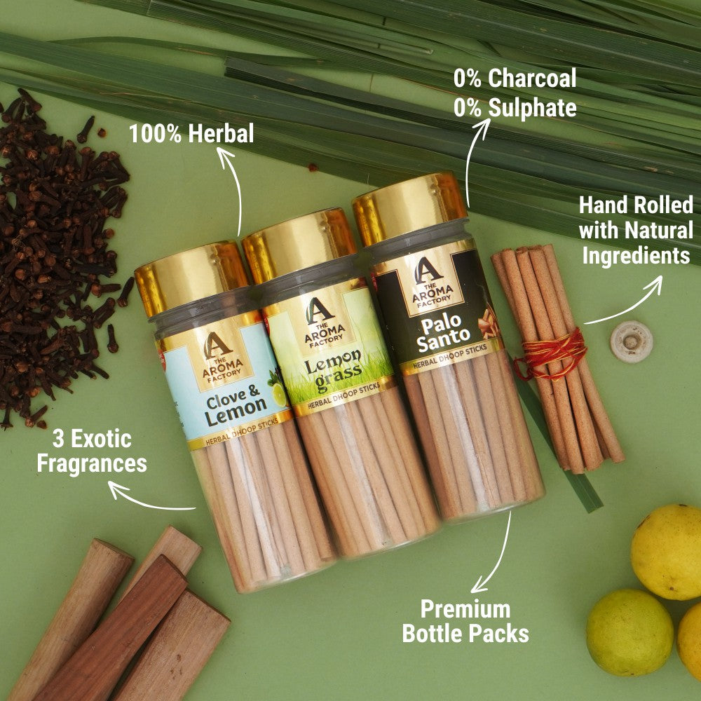 The Aroma Factory Dhoop batti, No Bamboo Herbal Dhoop Sticks with Incense Holder, 3 Bottle x 100g (Clove & Lemon, Lemongrass & Palo Santo)