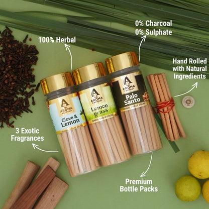 The Aroma Factory Dhoop batti, No Bamboo Herbal Dhoop Sticks with Incense Holder, 3 Bottle x 100g (Clove & Lemon, Lemongrass & Palo Santo)