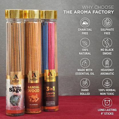 The Aroma Factory White Sage, Sandalwood & 3in1 Agarbatti for Pooja,Luxury Incense Sticks,100% Herbal Fragrance Agarbathi (Bottle Pack of 3x100g)