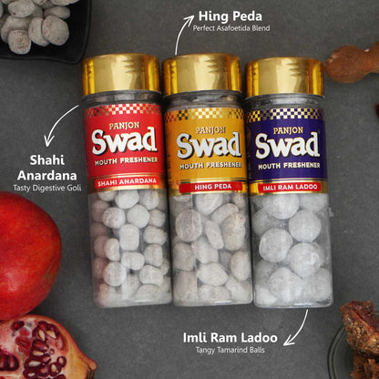 Panjon Swad Anardana goli, Hing Peda & Imli Ram Ladoo Pachak Mouth Freshners, 3 Bottles, 390g