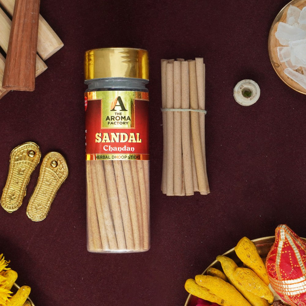 The Aroma Factory Sandalwood Chandan Dhoop Stick (0% Charcoal 0% Suphates) Herbal Incense Dhoopbatti Bottle Pack, 100g