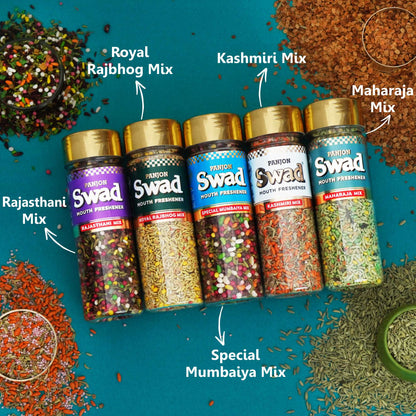 Panjon Swad Mukhwas Mouth Freshener 5 bottles (Rajasthani, Rajbhog, Mumbaiya, Kashmiri, Maharaja Mix) 750g