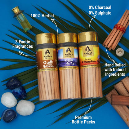 The Aroma Factory Dhoop batti, No Bamboo Herbal Dhoop Sticks with Incense Holder, 3 Bottle x 100 g (Oudh & White Woods, Fresh Active & Kesar Chandan)