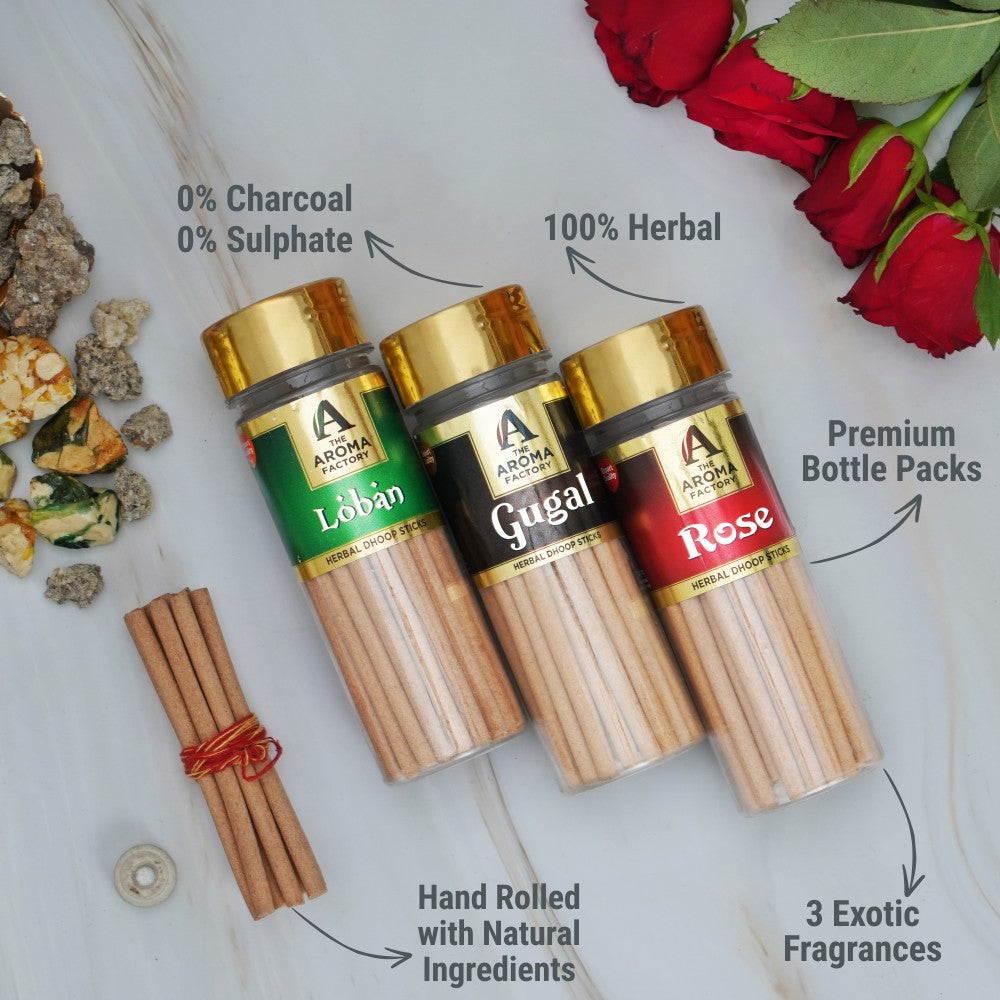 The Aroma Factory Loban, Gugal & Rose Dhoop Batti for Pooja with dhup Incense Holder Stand, Best for Long Lasting Fragrances (Bottle Pack of 3x100g)
