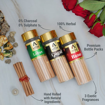 The Aroma Factory Loban, Gugal & Rose Dhoop Batti for Pooja with dhup Incense Holder Stand, Best for Long Lasting Fragrances (Bottle Pack of 3x100g)