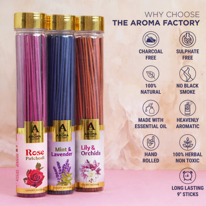 The Aroma Factory Organic Incense Sticks (Herbal Agarbatti for Smudging, Cleansing) 0% Charcoal, 0% Sulphur, 3 x 100g Bottle (Rose Patchouli, Mint & Lavender & Lily & Orchid)