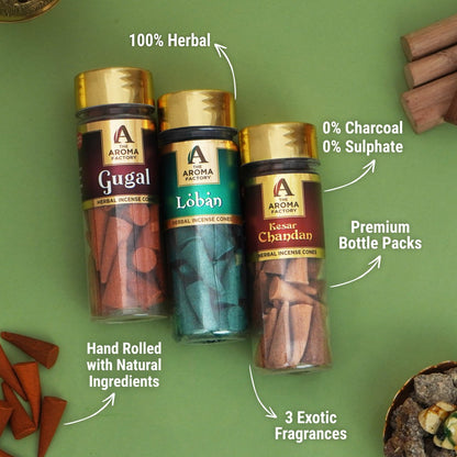 The Aroma Factory Organic Incense Cones (Gugal, Loban & Saffron Sandal) Zero Charcoal | No Bamboo | 100% Herbal Fragrance | Assorted Dhoop, 3 x 90g with Holder