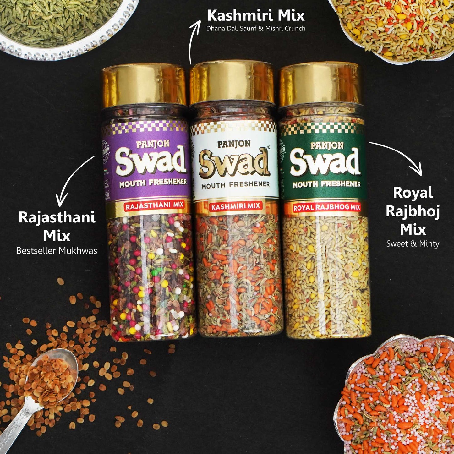 Panjon Swad Mukhwas Giftset (Rajasthani, Kashmiri, Rajbhog Mix Digestive Mouth Fresheners) 3 bottles, 500g