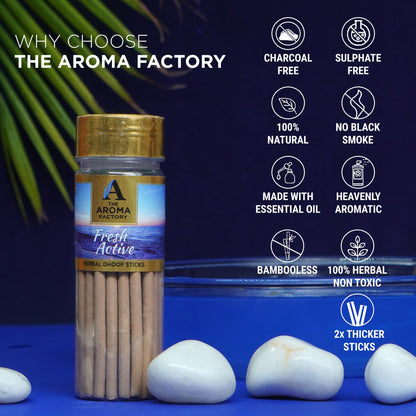 The Aroma Factory Dhoop Batti Set (Pineapple, Santal & Vanilla, Jasmine & Chocolate, Clove & Lemon, Fresh Active) Herbal Dhup Sticks in Jute Bag, 5 Bottles x 100g