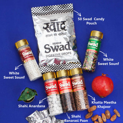Panjon Swad Mukhwas & Candy Combo (Navratan mix,Khatta Meetha Khajoor ,Anardana,Banarasi Paan ,White Sweet Saunf 50 Candies Pack) 6 Units
