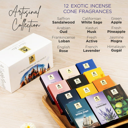 The Aroma Factory Combo Incense Dhoop Cone Gift Set with 12 Exotic Fragrances x 20 gm