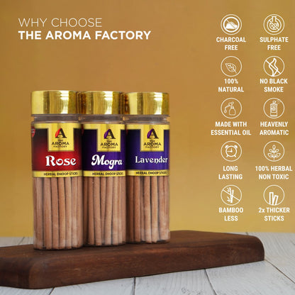 The Aroma Factory Dhoop Batti Set (Rose, Lavender, Jasmine & Chocolate, Lemongrass, Mogra) Herbal Dhup Sticks in Jute Bag, 5 Bottles x 100g