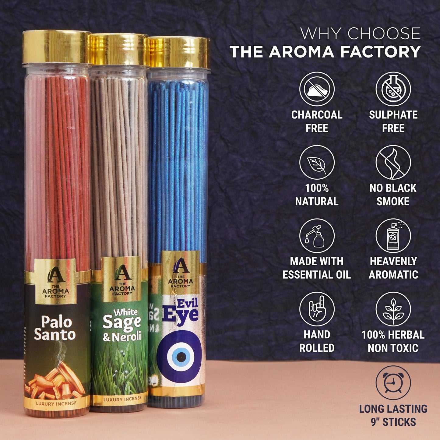 The Aroma Factory Organic Incense Sticks (Herbal Agarbatti for Smudging, Cleansing) 0% Charcoal, 0% Sulphur, 3 x 100g Bottle (Palo Santo, White Sage & Neroli & Evil Eye)