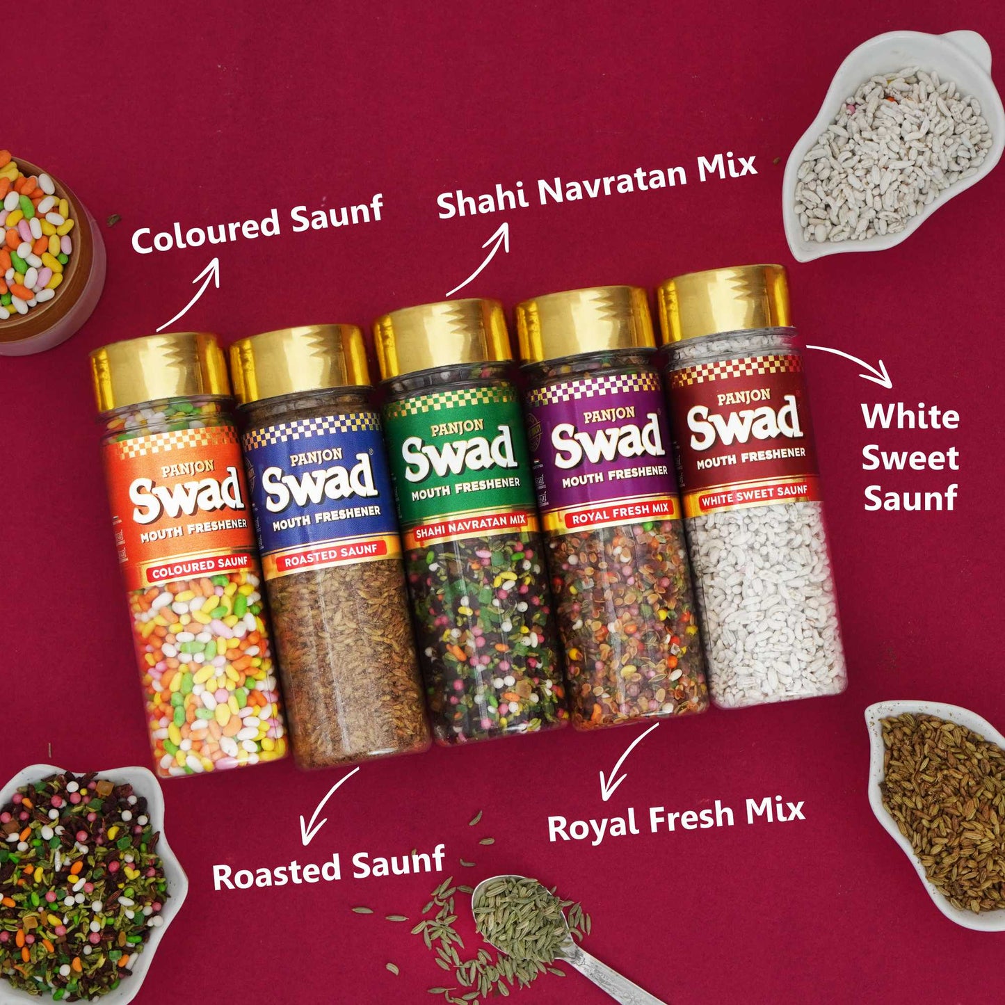 Panjon Swad 5 Mouthfresheners Combo (Navratan Mix Mukhwas, Royal Fresh,White Sweet Saunf, Coloured Saunf, Roasted Saunf) 700g