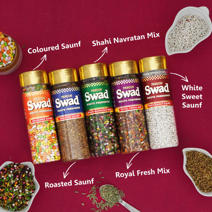 Panjon Swad 5 Mouthfresheners Combo (Navratan Mix Mukhwas, Royal Fresh,White Sweet Saunf, Coloured Saunf, Roasted Saunf) 700g