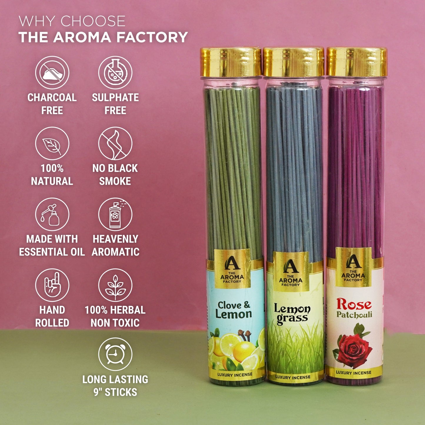 The Aroma Factory Organic Incense Sticks (Herbal Agarbatti for Smudging, Cleansing) 0% Charcoal, 0% Sulphur, 3 x 100g Bottle (Clove & Lemon, Lemongrass & Rose Patchouli)