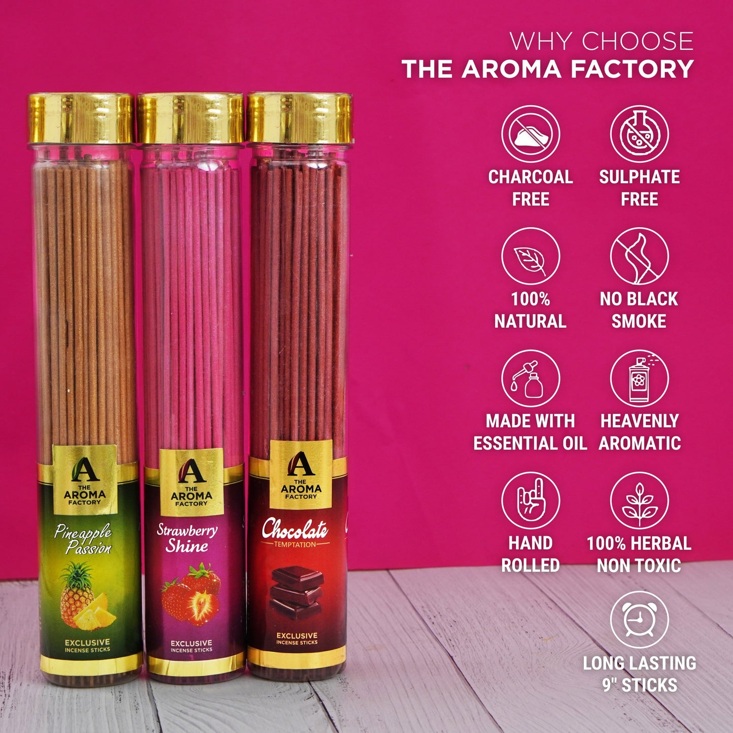 The Aroma Factory Pineapple Passion,Strawberry,Chocolate Agarbatti for Pooja,Luxury Incense,100% Herbal Fragrance Agarbathi(Bottle Pack of 3x100g)