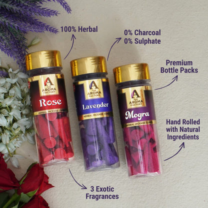 The Aroma Factory Organic Incense Dhoop Cones ( Lavender, Rose , Mogra ) Zero Charcoal | No Bamboo | 100% Herbal Fragrance | Assorted Pooja Mixed Dhoop Combo, 3 x 90g