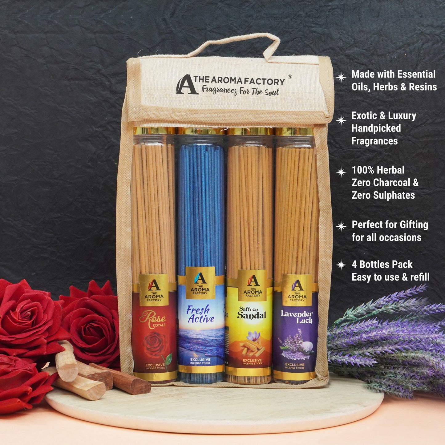 The Aroma Factory Incense Sticks (Saffron Sandal Kesar Chandan, Rose, Fresh Active & Lavender Agarbatti) 4 bottles, Fragrance Jute Gift Pack