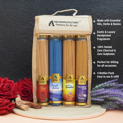 The Aroma Factory Incense Sticks (Saffron Sandal Kesar Chandan, Rose, Fresh Active & Lavender Agarbatti) 4 bottles, Fragrance Jute Gift Pack