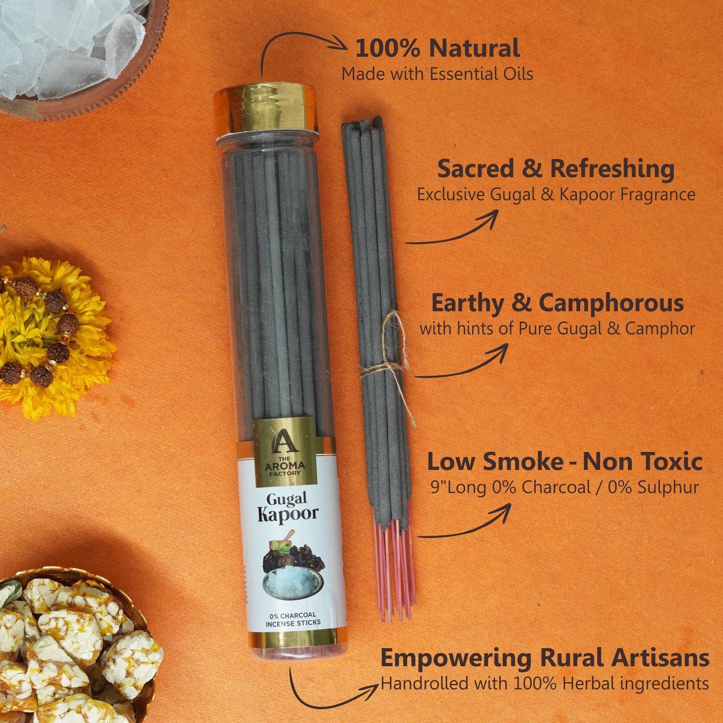 The Aroma Factory Gugal, Gugal Kapoor & Loban Agarbatti for Pooja,Luxury Incense Sticks,100% Herbal Fragrance Agarbathi, 0% Surphates (Bottle Pack of 3x100g)
