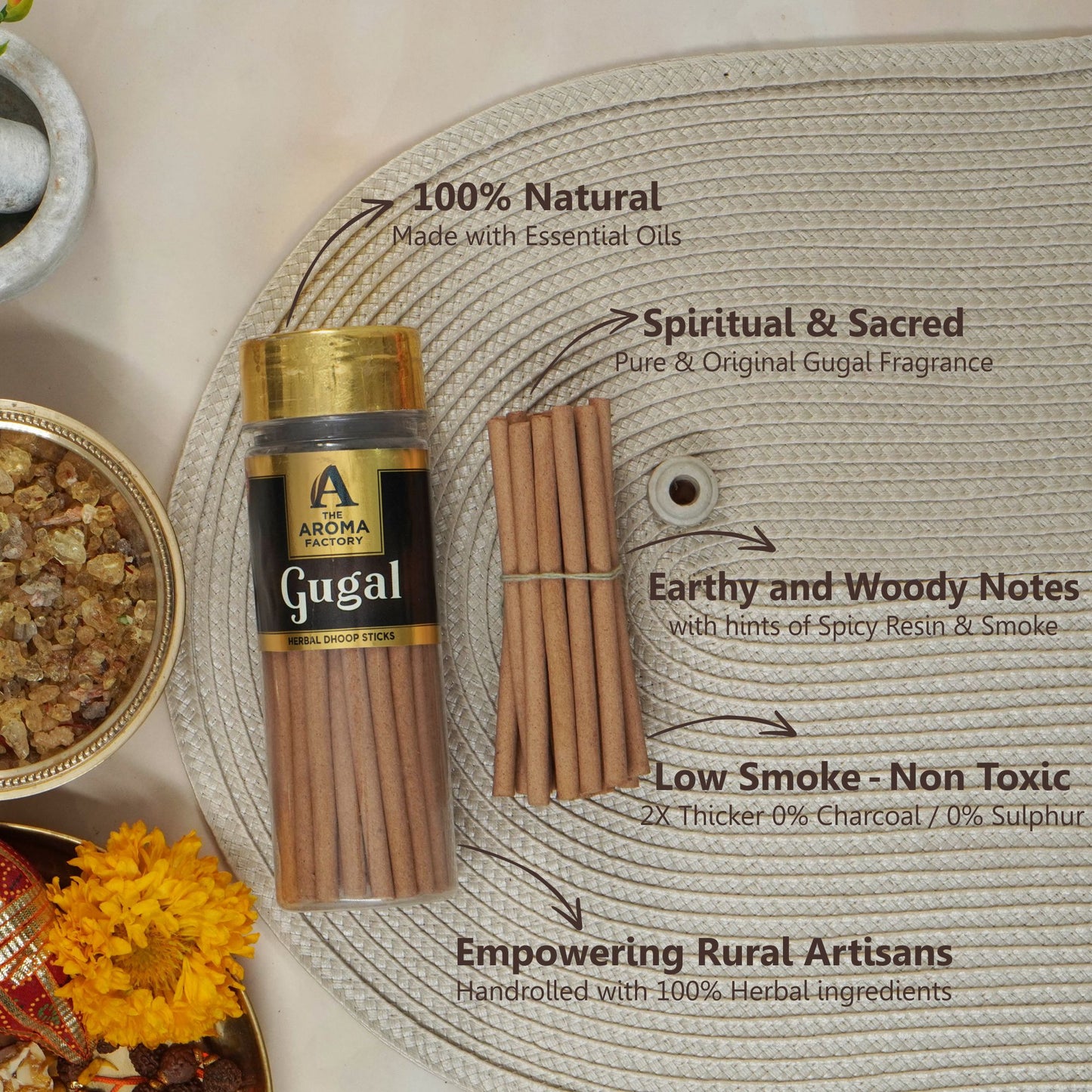 The Aroma Factory Rose,Sandal,Gugal,Loban & Lavender Dhoop Sticks for Pooja,100% Herbal Fragrance (Bottle Pack of 5 x100g) Jute Gift Set with Wooden Holder