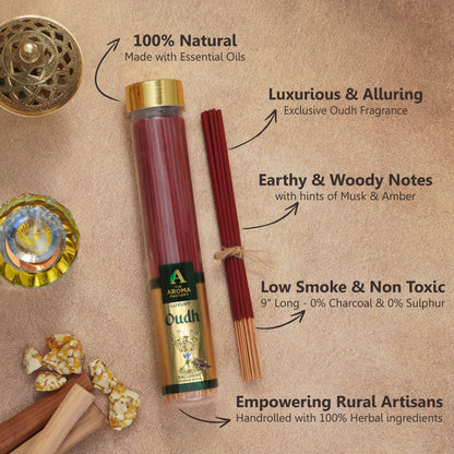 The Aroma Factory Oud Incense Stick (0% Charcoal 0% Suphates) Organic & Herbal Oudh Agarbatti Bottle Pack, 100G
